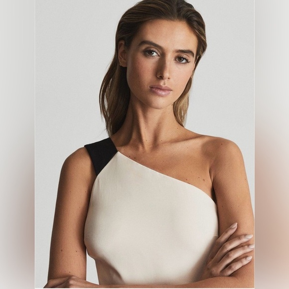 REISS Riana Color block Bodycon Dress in White/Nude/Black Womens Size 10 - Picture 3 of 11